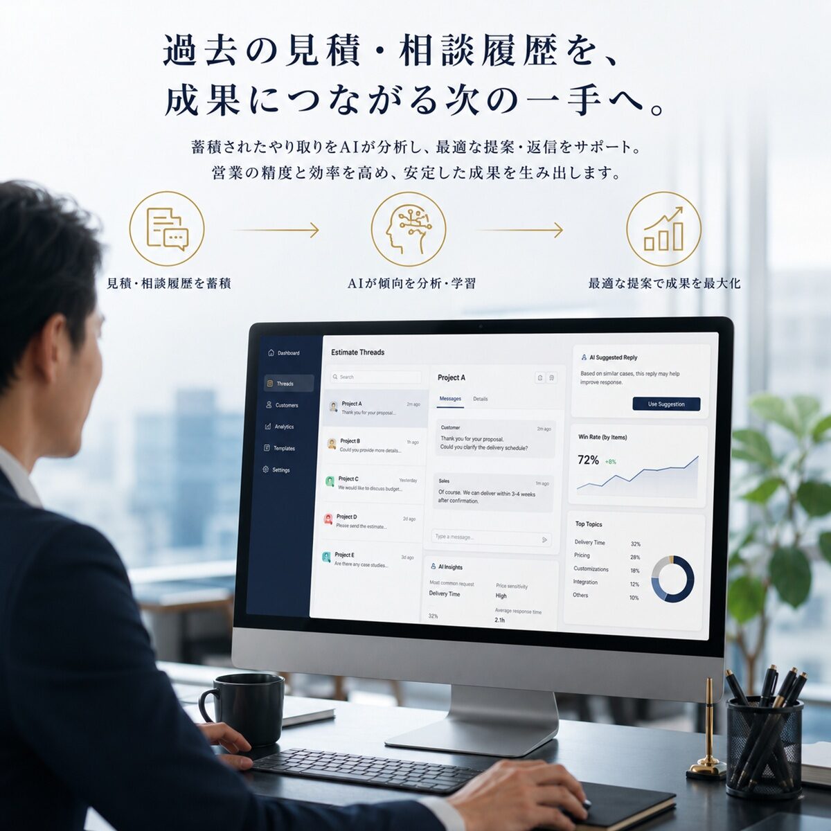 蓄積した見積相談履歴を営業改善に活用するイメージ